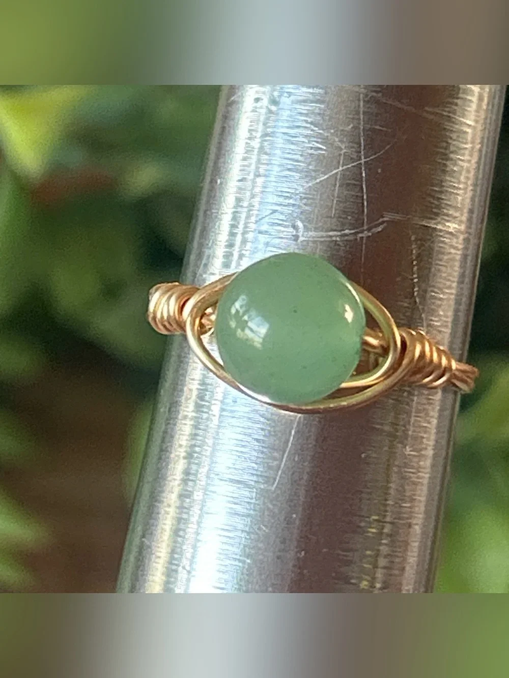 Handcrafted gold tone green aventurine wire wrapped crystal ring - size 8